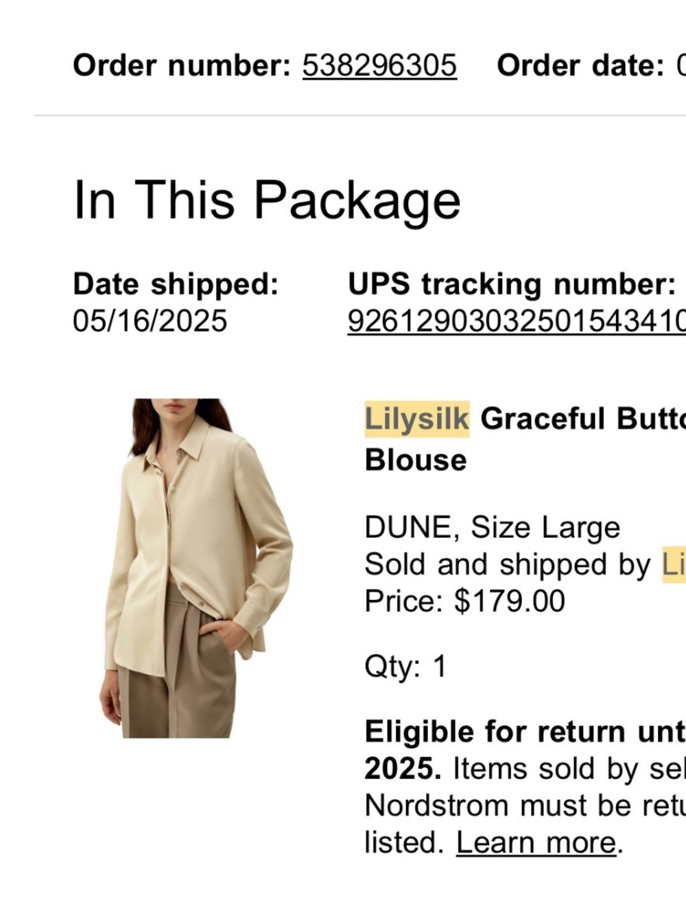 LILYSILK. SZ L Women's Tan Button-Front Blouse.  Retail $179.   Worn once.